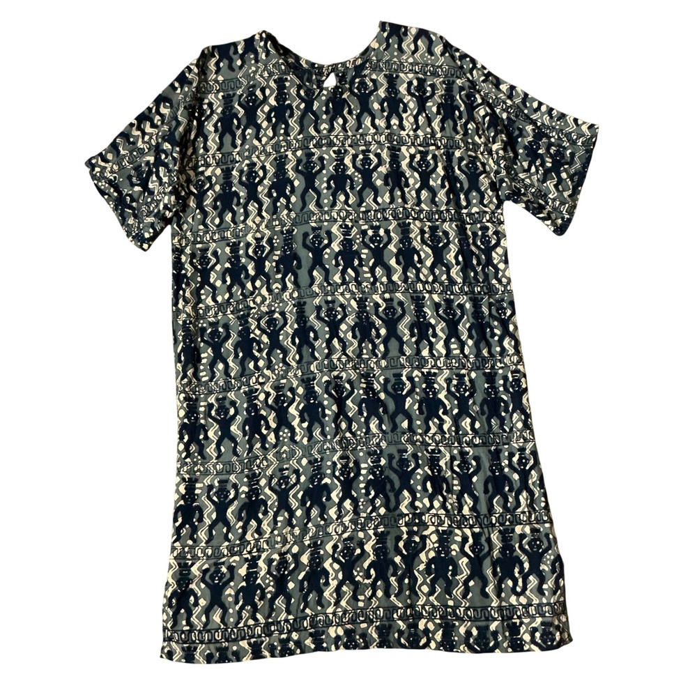 Tropical Tantrum Batik Tribal Print Shift Dress Womens Medium Blue Rayon Mini